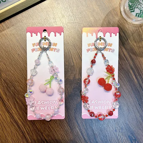 Sweet Cherry Beaded Phone Chain Acrylic Crystal Flower Bag Charm Anti-Lost Phone Lanyard With Gasket Keychain For Women Girls