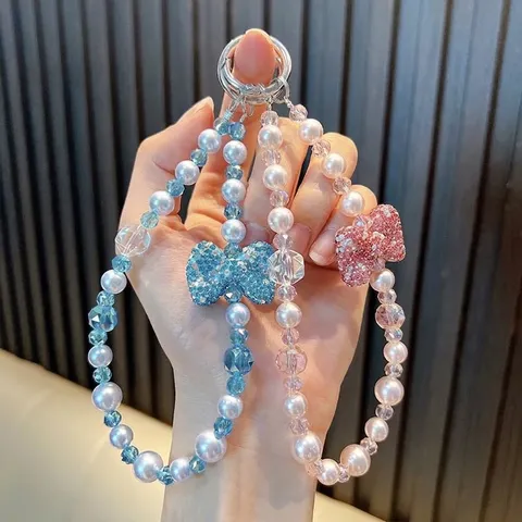 Rhinestone Bow Phone Lanyard Wrist Strap Artificial Pearl Crystal Beaded Keychain Retro Anti-Lost Phone Charm For Women
