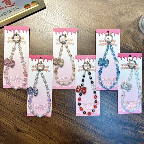 Rhinestone Bow Phone Lanyard Wrist Strap Artificial Pearl Crystal Beaded Keychain Retro Anti-Lost Phone Charm For Women