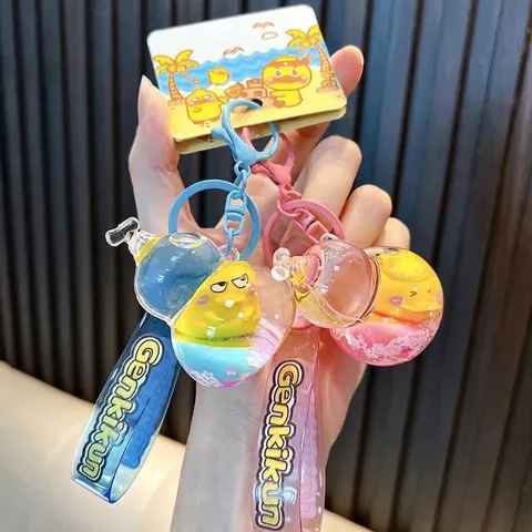 Cartoon Little Yellow Duck Liquid Quicksand Keychain Gourd Shape Floating Oil Bag Pendant Key Ring For Kids Women Gift