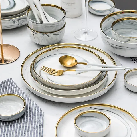 Nordic Light Luxury Goldrand Marmor Keramik Geschirr Set Porzellan Speiseteller Reis Suppenschüssel Küche Essen Geschenk