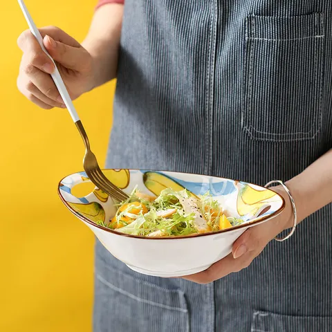 Cute Ceramic Double Handle Salad Bowl High Appearance Fruit Pattern Porcelain Soup Bowl Microwave Safe Tableware