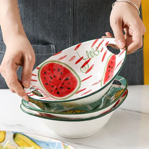 Cute Ceramic Double Handle Salad Bowl High Appearance Fruit Pattern Porcelain Soup Bowl Microwave Safe Tableware