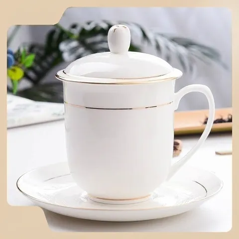 Weiß Knochenporzellan Teetasse Mit Deckel Goldrand Büro Meeting Keramik Kaffeebecher Hitzebeständig Elegant Trinkgeschirr