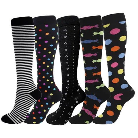 Chaussettes de Compression Sportives Professionnelles Pour Hommes Femmes Hautes Chaussettes Athlétiques de Soutien à Pois Rayures