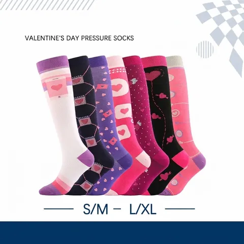 Women Valentine's Day Heart Pattern Compression Socks Nylon Sport Running Knee High Compression Stockings Sweat-wicking Leg Protectors