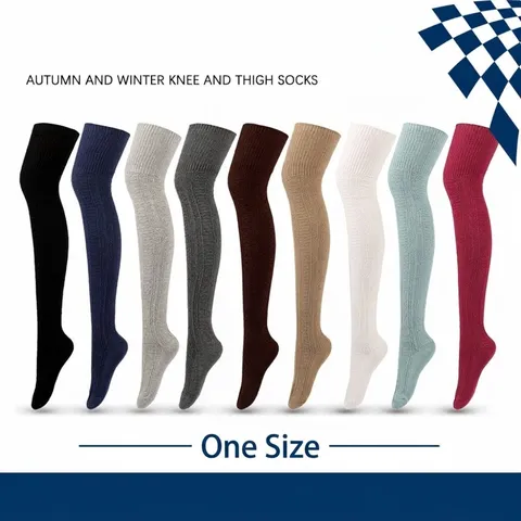 Chaussettes Au-dessus du Genou en Tricot de Coton Tendance Japonaise pour Femmes Vintage Couleur Unie Côtelé Bas Longs Cuisse pour Automne Hiver Protection