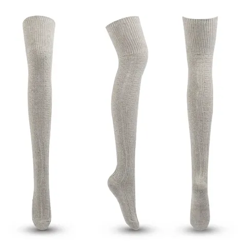 Chaussettes Au-dessus du Genou en Tricot de Coton Tendance Japonaise pour Femmes Vintage Couleur Unie Côtelé Bas Longs Cuisse pour Automne Hiver Protection