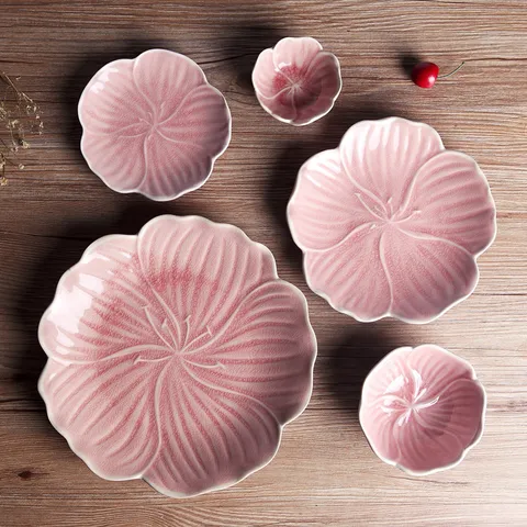 Japanese Style Ceramic Tableware Petal Shape Ice Crackle Glaze Floral Dinner Plate Fruit Dessert Bowl Soup Spoon Home Tableware