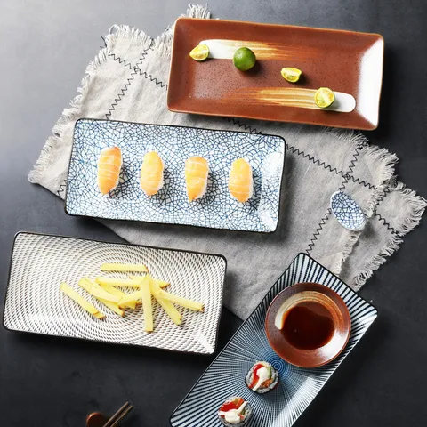 Assiette à Sushi Rectangulaire en Céramique Style Japonais Sous Glaçure Vaisselle en Porcelaine Plateau de Service Vintage pour Cuisine Restaurant Maison