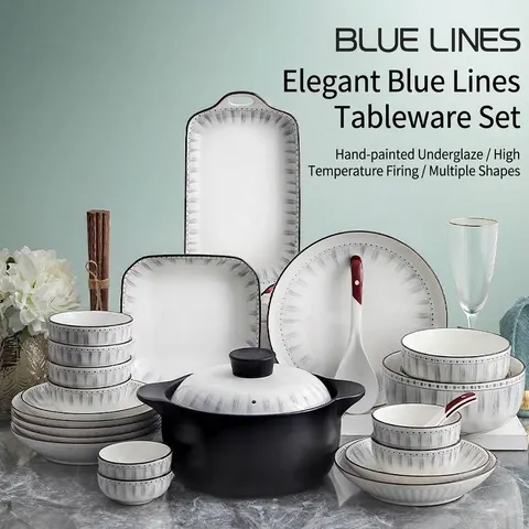 Collection de Vaisselle en Porcelaine Sous-glaçure Minimaliste Moderne Nordique Bols en Céramique à Rayures Bleues Assiettes Cuillères Compatible Micro-ondes pour Maison Restaurant