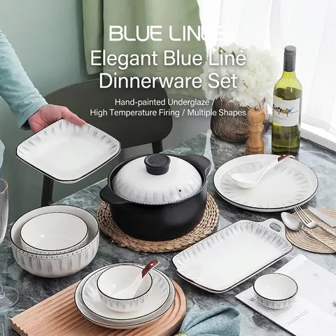 Collection de Vaisselle en Porcelaine Sous-glaçure Minimaliste Moderne Nordique Bols en Céramique à Rayures Bleues Assiettes Cuillères Compatible Micro-ondes pour Maison Restaurant