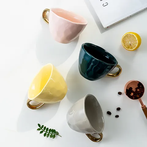 Nordic Irregular Ceramic Mug Luxury Gold Handle Coffee Cup Large Capacity Porcelain Milk Mug For Home Office Breakfast Drinkware