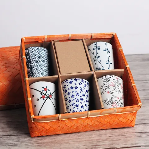 Japanese Style Ceramic Cup Set With Underglaze Floral Pattern Gift Boxed Tea Cups For Business Gift Home Use Kitchen Drinking Cups Tea Set Porcelain