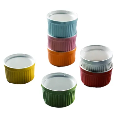 Bol de Cerámica para Soufflé Cuencos para Pudín Aptos para Microondas Ramequines de Porcelana con Rayas y Lunares