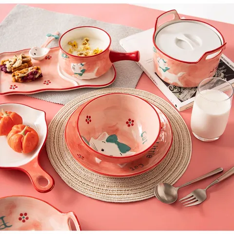 Juego de Vajilla de Cerámica Rosa de Conejo de Dibujos Animados Japonés Plato Cuenco Taza para Niños Hogar Cocina Regalo de Pascua