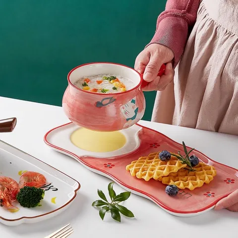 Juego de Vajilla de Cerámica Rosa de Conejo de Dibujos Animados Japonés Plato Cuenco Taza para Niños Hogar Cocina Regalo de Pascua