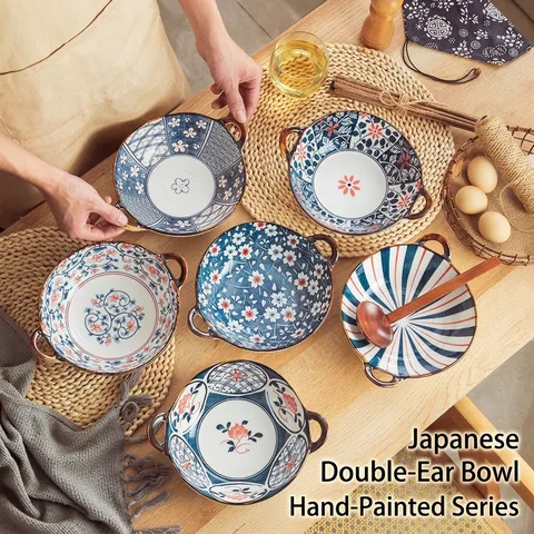 Bol à Soupe en Porcelaine Sous Glaçure Rétro Japonais Double Poignée Bol à Salade en Céramique Plat de Service Micro-ondes