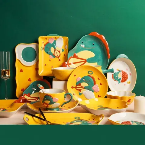 Niedliches Cartoon-Dinosaurier Keramik Geschirrset Relief Porzellan Teller Schüssel Mikrowellengeeignet Kinder Geschirr Geschenk