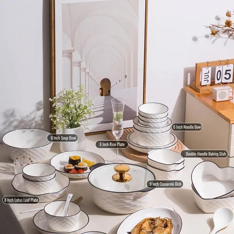 Modern Porcelain Dinnerware Set Black Rim Diamond Pattern Ceramic Bowls And Plates Nordic Kitchen Tableware For Home Dining