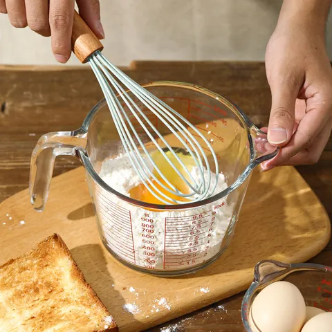 Heat Resistant Glass Measuring Cup With Handle Red Scale Japanese Style Glass Mixing Bowl For Kitchen Baking Milk Measurement