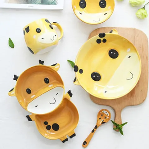 Vaisselle en Céramique Animaux Mignons pour Enfants Peinte à la Main Sous-glaçure Porcelaine Assiette Bol Tasse Cuillère Girafe Lapin Ours Ensemble de Petit Déjeuner