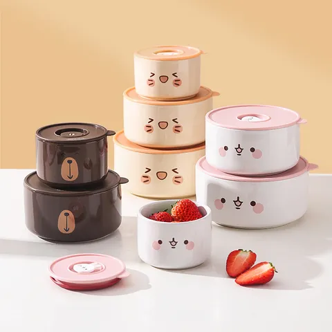 Cartoon Bear Ceramic Fresh-keeping Bowl With Airtight Lid Microwave Safe Bento Box Cute Office Lunch Container Portable Food Storage Bowl