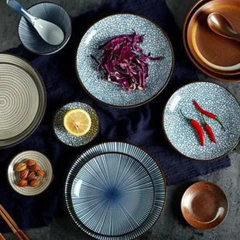 Retro Japanese Ceramic Dinnerware Set Underglaze Porcelain Rice Bowl Salad Plate Tea Cup Soup Spoon Kitchen Tableware