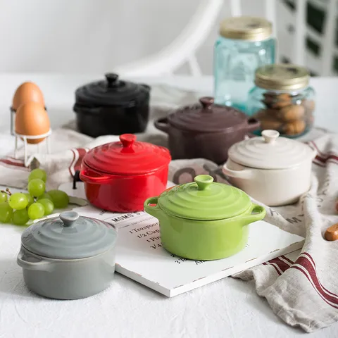Ceramic Baking Bowl With Lid Nordic Double Handle Souffle Dish For Oven Steamed Egg Bowl Household Dessert Stew Pot