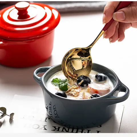 Ceramic Baking Bowl With Lid Nordic Double Handle Souffle Dish For Oven Steamed Egg Bowl Household Dessert Stew Pot