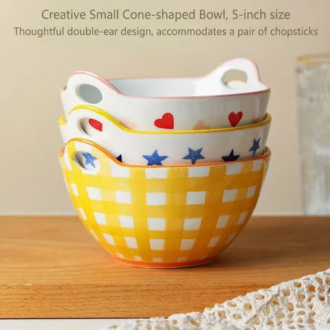 Service de Table Japonais en Céramique Bol à Soupe Double Oreille Assiette à Dessert Motif Plaid Cœur Étoile Bol à Avoine Compatible Four