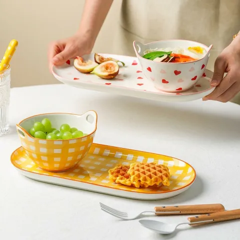 Service de Table Japonais en Céramique Bol à Soupe Double Oreille Assiette à Dessert Motif Plaid Cœur Étoile Bol à Avoine Compatible Four