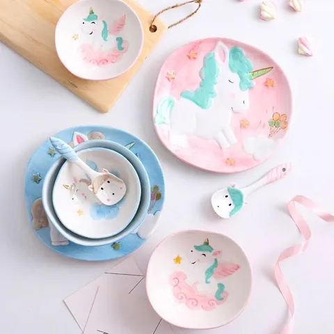 Service de Vaisselle en Céramique Licorne pour Enfants Style Japonais Porcelaine Peinte à la Main Bol Assiette Cuillère