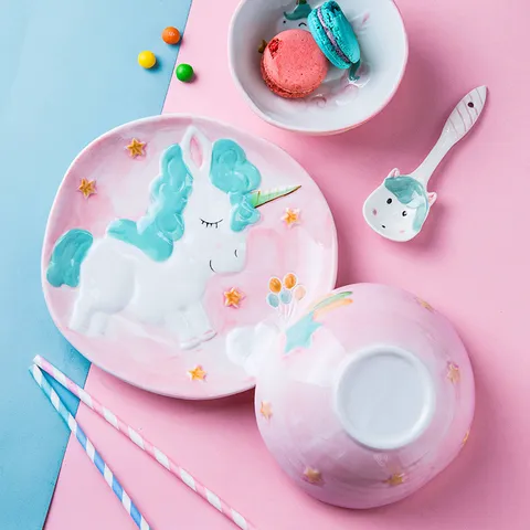 Service de Vaisselle en Céramique Licorne pour Enfants Style Japonais Porcelaine Peinte à la Main Bol Assiette Cuillère