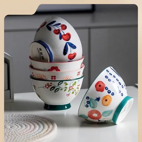 Japanese Style Hand-Painted Porcelain Rice Bowl Creative Botanical Floral Pattern High-Foot Cone Shaped Dinnerware Home Kitchen Tableware Bowl