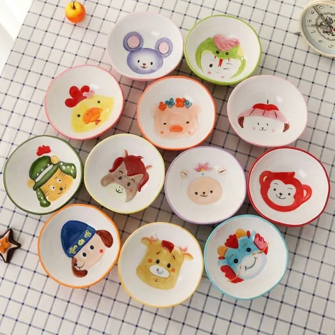Vaisselle en Céramique de Dessin Animé Japonais Peint à la Main Zodiaque Animal Bol Assiette Tasse Porcelaine Enfants Mignon Cadeaux