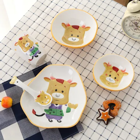 Vaisselle en Céramique de Dessin Animé Japonais Peint à la Main Zodiaque Animal Bol Assiette Tasse Porcelaine Enfants Mignon Cadeaux