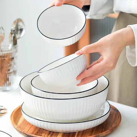 Nordic Style Ceramic Dinnerware Set Minimalist White Black Rim Vertical Stripe Bowls Plates Household Soup Bowl Combination Microwave Safe Tableware