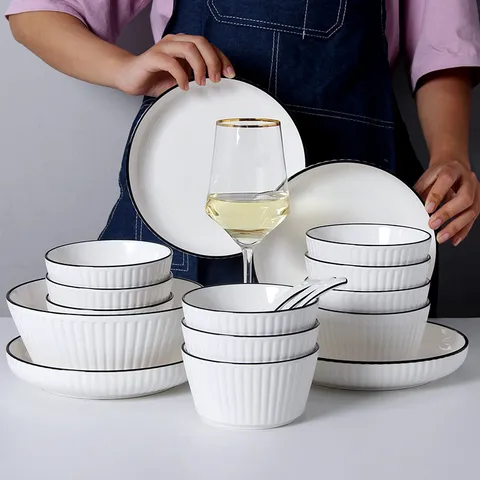 Nordic Style Ceramic Dinnerware Set Minimalist White Black Rim Vertical Stripe Bowls Plates Household Soup Bowl Combination Microwave Safe Tableware