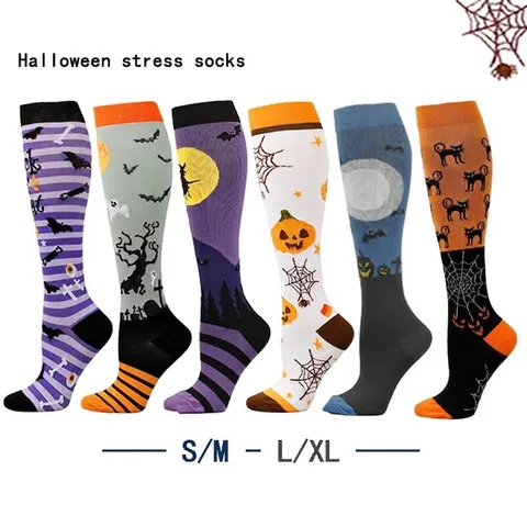 Chaussettes de Compression Halloween Motif Citrouille Squelette Drôle Haute Running Sport Bas pour Hommes Femmes