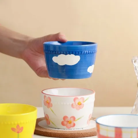 Japanese Ceramic Rice Bowl Underglaze Plaid Floral Pattern 4.5 Inch Small Dessert Bowl Microwave Oven Air Fryer Safe Kitchen Tableware