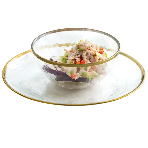 Japanese Gold Rim Transparent Glass Bowl Hammered Pattern Salad Fruit Dessert Plate Luxury Home Kitchen Dinnerware Tray