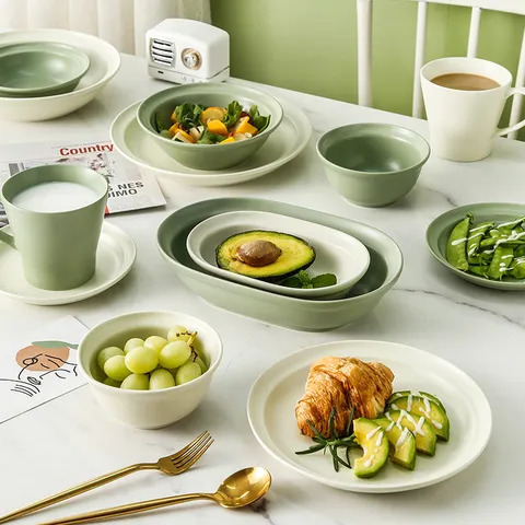 Nordic Ceramic Dinnerware Set Matcha Green Matte Glaze Porcelain Bowl Plate Soup Spoon Wenge Wood Chopsticks Home Modern Tableware Gift