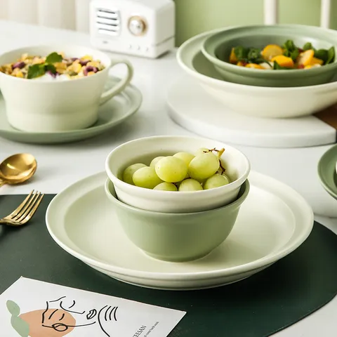 Nordic Ceramic Dinnerware Set Matcha Green Matte Glaze Porcelain Bowl Plate Soup Spoon Wenge Wood Chopsticks Home Modern Tableware Gift