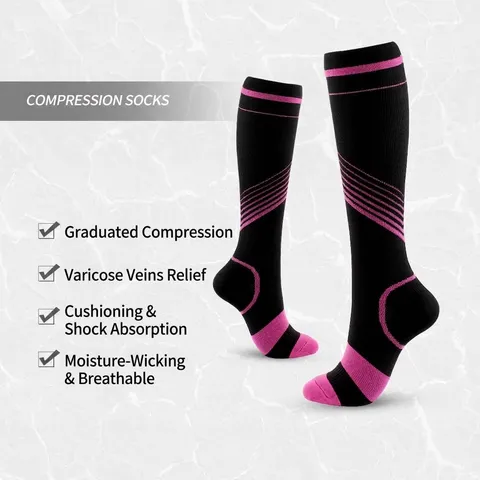 Chaussettes de Compression Professionnelles pour Hommes Femmes Hautes de Genou Rayées Sportives pour Course Sport Récupération Nylon