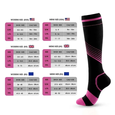 Chaussettes de Compression Professionnelles pour Hommes Femmes Hautes de Genou Rayées Sportives pour Course Sport Récupération Nylon