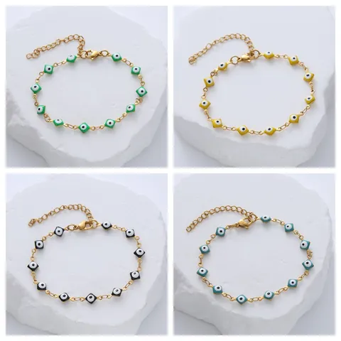 Turkish Evil Eye Stainless Steel Bracelet Drip Oil Colorful Geometric Nazar Amulet Protection Chain Link Bracelet For Women Men