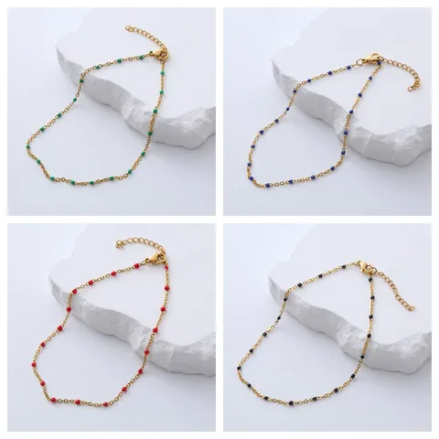 Stainless Steel Enamel Bead Cross Chain Anklet For Women Gold Plated Multicolor Drip Oil Adjustable Beach Foot Jewelry Gift