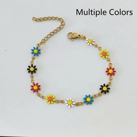 Bracciale a Margherite in Acciaio Inossidabile Smaltato Multicolore Catena a Fiori Doppia Faccia Gioielli di Moda per Donna Regalo da Viaggio