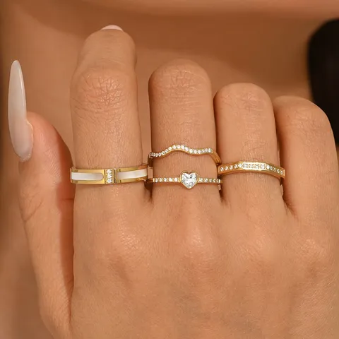 Anello in Acciaio Inossidabile con Strass Minimalista da Donna Stile Coreano Placcato Oro Cuore Geometrico Onda Anello Aperto
